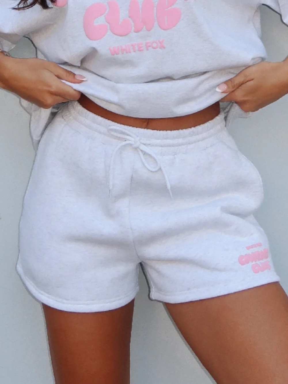White Fox Boutique Comfort Club Lounge Shorts in Mist White with Pink Logo S